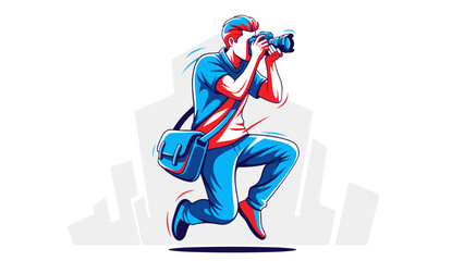 Dynamic Photographer Capturing the Moment with Energetic Leap and Focused Lens.