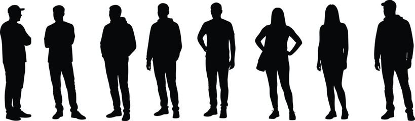 Silhouette illustration, people standing in row, casual posture, male and female figures, gesture variation, black vector art, character design, body language, human outline