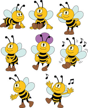 Cute cartoon bee characters set, happy honey bees dancing flying singing, playful insect mascots, children illustration, colorful vector artwork