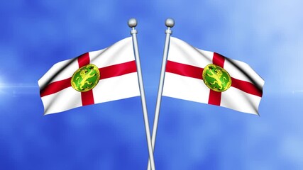 Alderney Crossed Flags Waving in Blue Sky Loop Animation | Realistic 3D National Flag Background