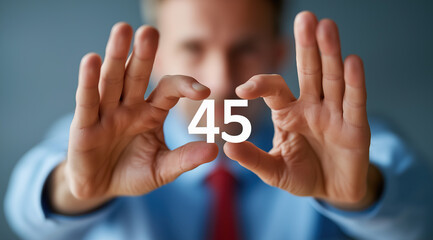 Professional person presenting number forty-five celebrating important milestone achievement moment.