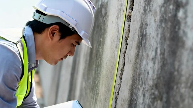 Closeup view of engineer inspecting retaining wall crack documenting width and depth for stability evaluation and maintenance planning.