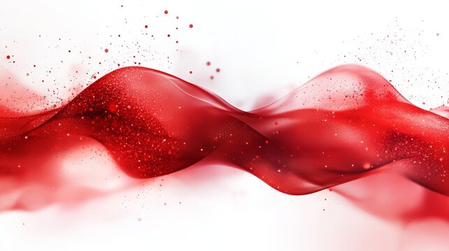 Dynamic abstract red wave with particles flowing across a white background