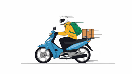 Obraz premium A delivery person wearing a yellow jacket and white helmet rides a blue motorcycle with a green backpack and cardboard boxes in motion on a white background.