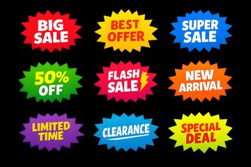 Colorful Sale Starburst Badges Vector Set on Transparent Background 