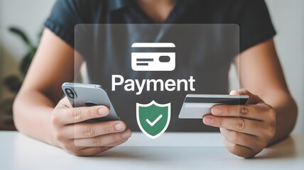 Secure online payment concept with hand holding credit card and smartphone, digital payment icon overlay, safe transaction, fintech technology, and e-commerce service.
