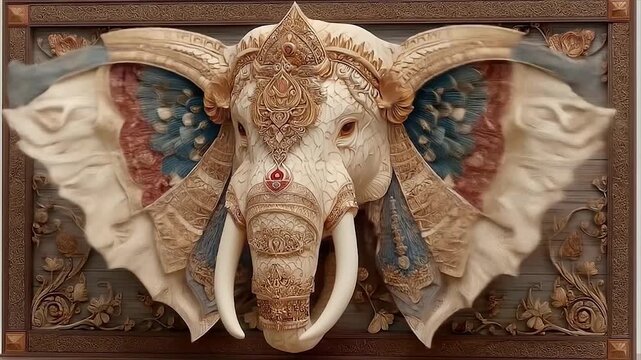 Intricate carved elephant head with decorative details against wooden frame
