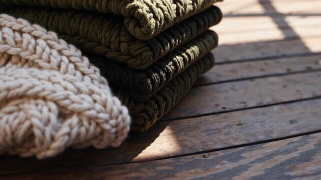Cozy blankets stacked in sunlight on a wooden floor in a warm indoor space