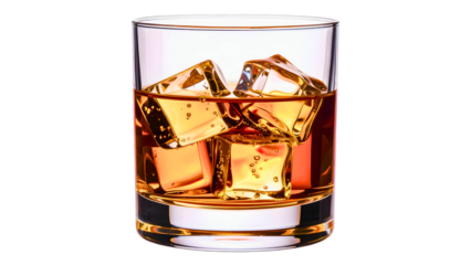 Glass of whiskey with ice cubes illustrating luxury refreshment and relaxation.