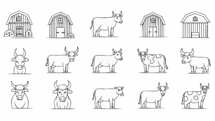 Collection of farm animals and barns in a simple line art style. © Salsa
