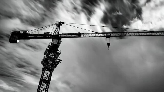Closeup medium angle of a crane tower swaying slightly in strong wind capturing the tension and stability efforts in a challenging weather environment.