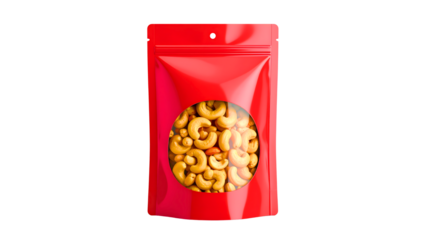 Packaging design for cashew nuts in a sleek red pouch with a transparent window, showcasing the product inside