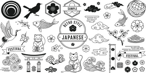 Japanese retro style icon set featuring festival symbols sakura koi lucky cat waves clouds and traditional cultural elements illustration © KagenChandro