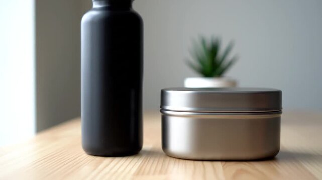 Modern reusable water bottle and metal lunch box on wooden table