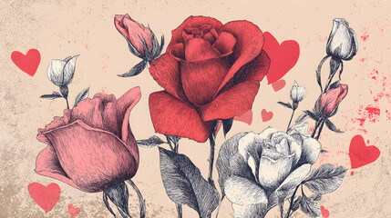 Vintage roses and hearts illustration
