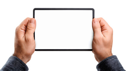 Modern tablet with sleek design held by hands, finger pointing at the screen, perfect for showcasing apps, websites, or UI designs for digital marketing projects
