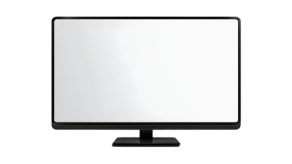 A sleek, modern smart tv with an ultra-thin black bezel and blank white screen on a grey stand, against a transparent background with copy space. Concept of digital potential 