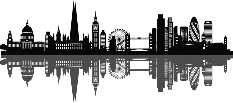 London skyline silhouette with reflection, famous landmarks, cityscape illustration, Big Ben, Tower Bridge, Shard, modern buildings, vector art.