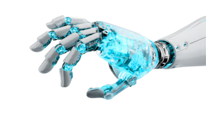 Robot Hand Holding Adobe Illustrator Logo in Futuristic Design with Soft Blue Lighting on White Background for Technology Advertising