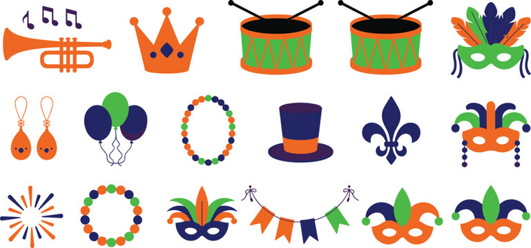 Mardi Gras carnival party elements vector set with masks beads crowns drums trumpets colorful festive icons isolated background