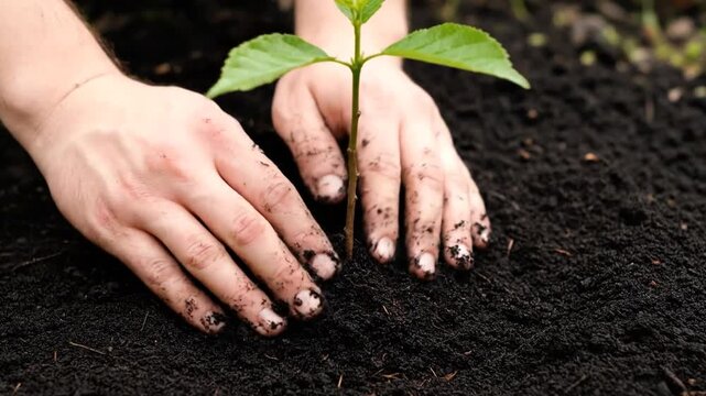 Hands gently planting a young green sapling in rich dark soil