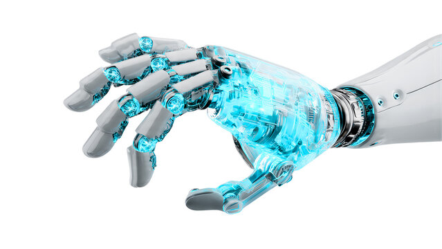 Robot Hand Holding Adobe Illustrator Logo in Futuristic Design with Soft Blue Lighting on White Background for Technology Advertising
