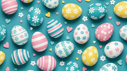 Colorful Easter Eggs with Hearts and Flowers Background