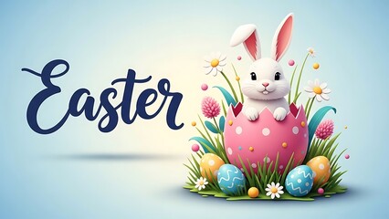 Easter Bunny in Egg with Flowers and Decorated Eggs
