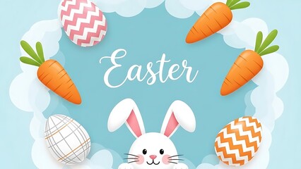 Easter Bunny with Eggs and Carrots on Blue Sky Background