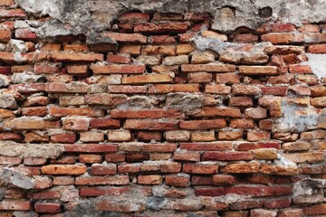 Obraz premium Close-up of a deteriorating red brick wall with visible mortar and broken segments