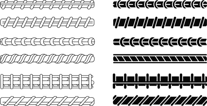 Steel rebar patterns illustration set, construction reinforcement bar designs, concrete strengthening elements collection, engineering building materials artwork