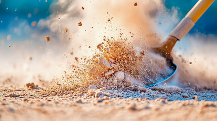Close-up of shovel digging forcefully into dry, dusty ground, sending dynamic cloud of sand, dirt, and small rocks flying into air under bright blue sky, capturing energetic moment of excavation work