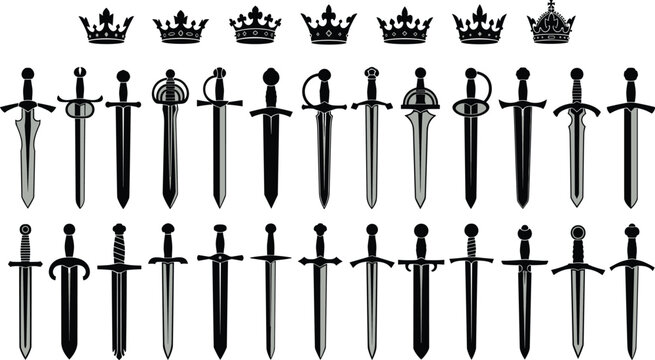 Swords and crowns collection illustration, vintage medieval swords with royal crowns, vector set of weapon and crown designs