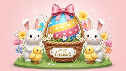 Happy Easter Bunny Basket with Eggs and Flowers