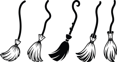 Hand drawn witch broom silhouettes set of five flying brooms black and white vector illustration for halloween magic decoration design © Rabbi creatives