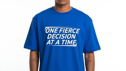 Man wearing motivational blue t-shirt with empowering phrase