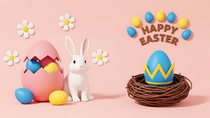 Happy Easter Bunny with Eggs and Flowers Decoration