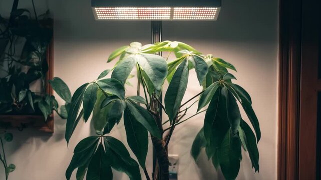 Medium shot capturing an indoor plant basking in indirect light from an adjustable LED panel creating an optimal environment for photosynthesis and wellness.