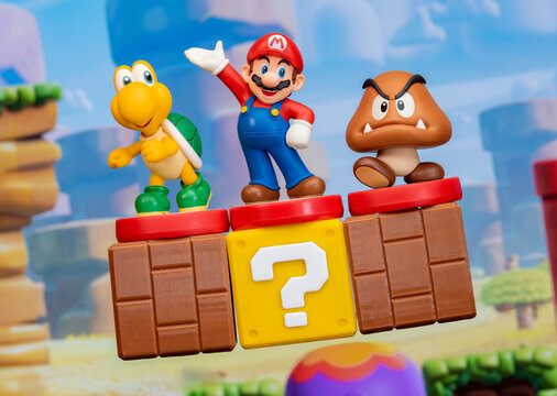MOSCOW, RUSSIA - September 08, 2022: Super Mario Bros figure character.Super Mario is a Japanese platform video game series and media franchise created by Nintendo and featuring their mascot, Mario.