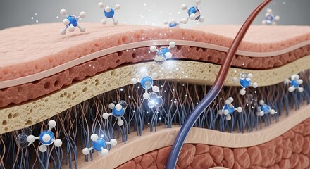 Skin Layers Illustration Showing Molecular Interactions and Processes.