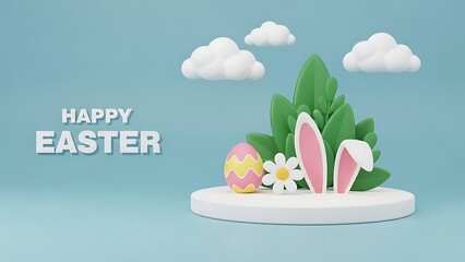 Happy Easter Celebration with Bunny Ears and Colored Eggs