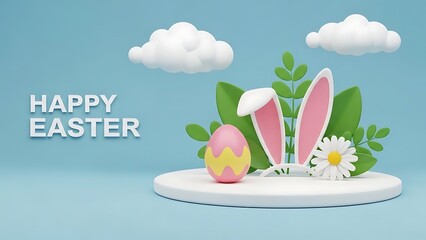 Happy Easter Celebration with Bunny Ears and Decorated Egg
