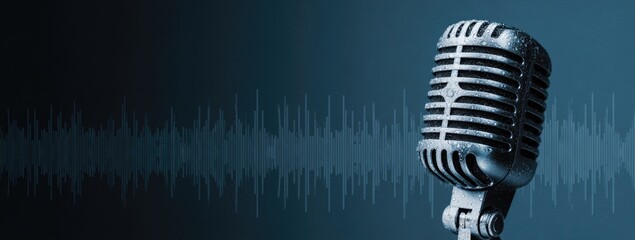 A vintage microphone on a teal backdrop with soundwave visual, creating a podcast/audio vibe