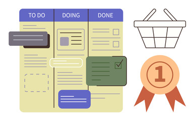 Kanban board displaying task stages To Do, Doing, and Done with colored cards, alongside a shopping basket and a first-place achievement badge. Ideal for productivity, goals, project management © robu_s