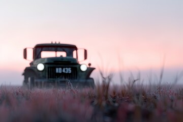 Fototapeta premium Silhouette of an old military truck stands in a field as dawn breaks, showcasing a soft-focus view where the sky changes colors. Early morning light surrounds the vehicle