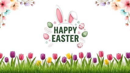 Happy Easter Greeting Card with Bunny and Colorful Eggs