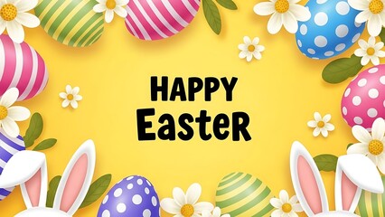 Happy Easter Greeting Card with Colorful Eggs and Flowers