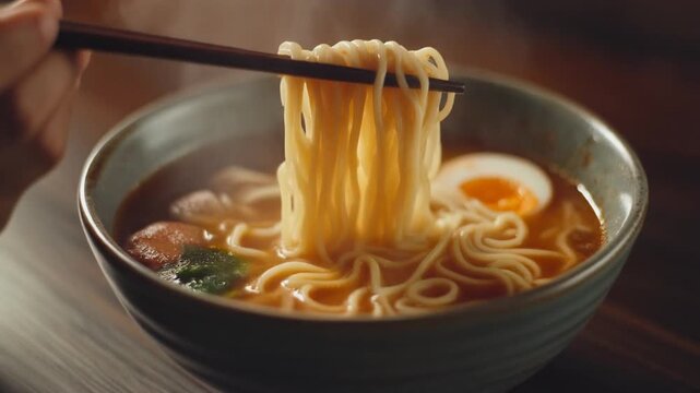 A bowl of steaming hot ramen being lifted by chopsticks on a wooden table