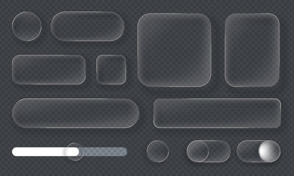 Set of liquid glass buttons and panels for UI design, featuring transparent glass morphism shapes and frosted material style
