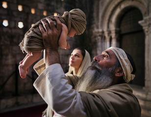 The Elder Simeon holds the Infant Jesus in his arms. Mary and Joseph stand nearby. Feast of the Presentation of the Lord.